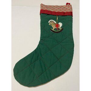 Avon Quilted Green Christmas Stocking With Rocking Horse Embroidery & Plaid Cuff